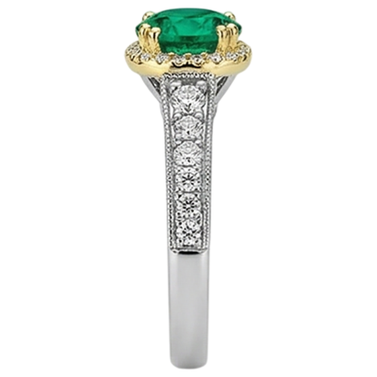 Natural Real ( Not Lab Grown ) Round Green Emerald GIA Halo Ring Two Tone Gold Milgrain