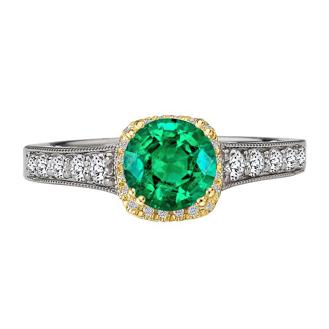Round Green Emerald Halo Ring Two Tone Gold Milgrain