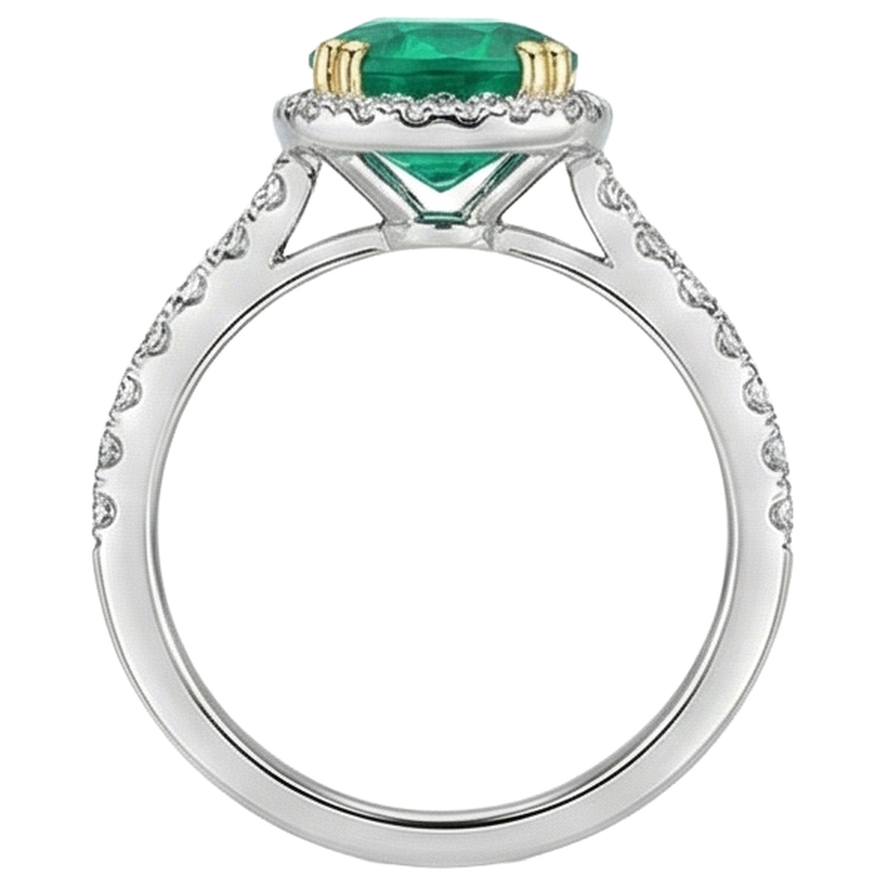 Natural Real ( Not Lab Grown ) Round Green Emerald GIA Halo Ring With Accents Double Prong Set