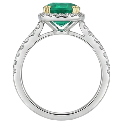 Natural Real ( Not Lab Grown ) Round Green Emerald GIA Halo Ring With Accents Double Prong Set