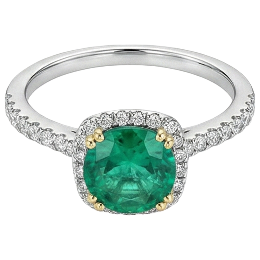 Natural Real ( Not Lab Grown ) Round Green Emerald GIA Halo Ring With Accents Double Prong Set