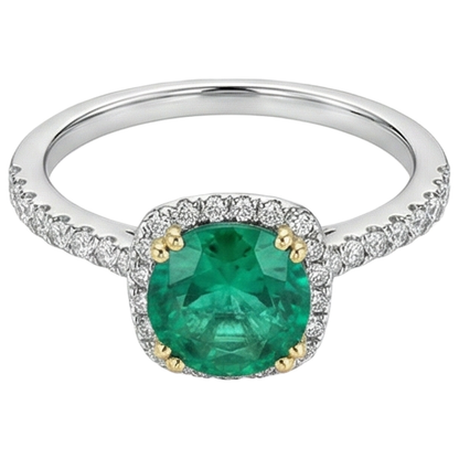 Natural Real ( Not Lab Grown ) Round Green Emerald GIA Halo Ring With Accents Double Prong Set
