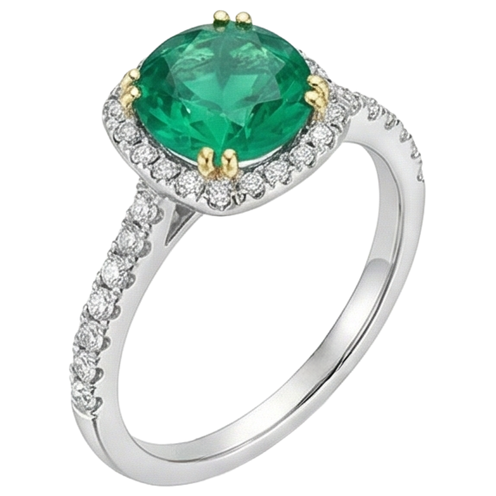 Natural Real ( Not Lab Grown ) Round Green Emerald GIA Halo Ring With Accents Double Prong Set