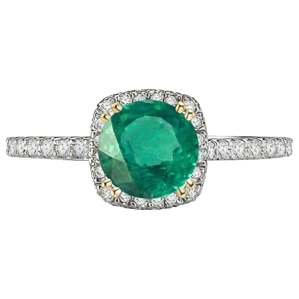 Natural Real ( Not Lab Grown ) Round Green Emerald GIA Halo Ring With Accents Double Prong Set