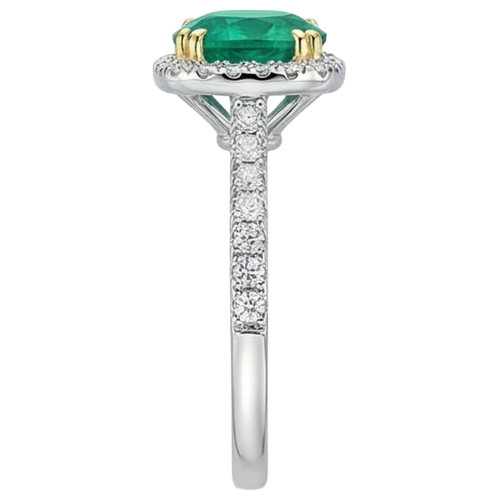 Natural Real ( Not Lab Grown ) Round Green Emerald GIA Halo Ring With Accents Double Prong Set