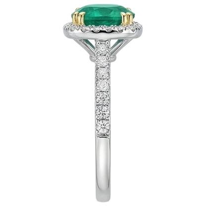 Natural Real ( Not Lab Grown ) Round Green Emerald GIA Halo Ring With Accents Double Prong Set