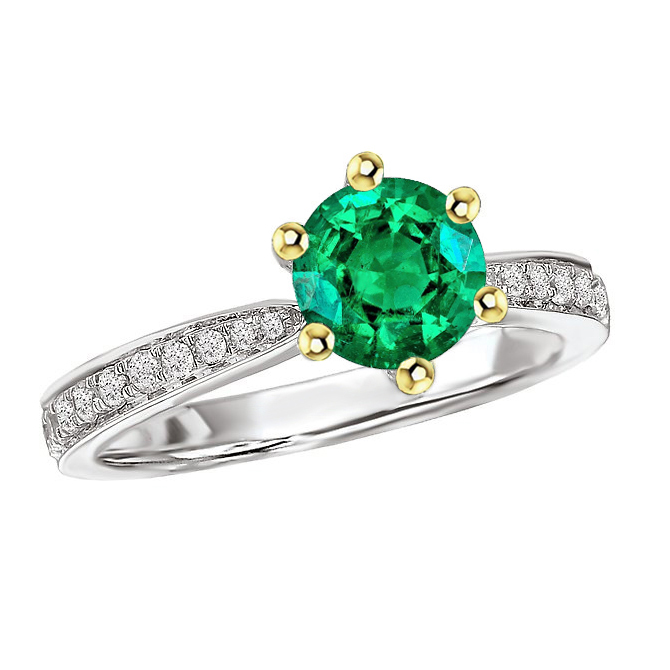 Round Green Emerald Ring With Accents Tapered Shank Prong Set