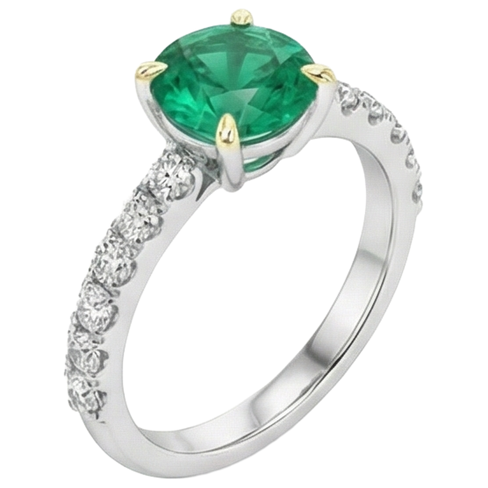 Natural Real ( Not Lab Grown ) Round Green Emerald GIA Ring With Accents