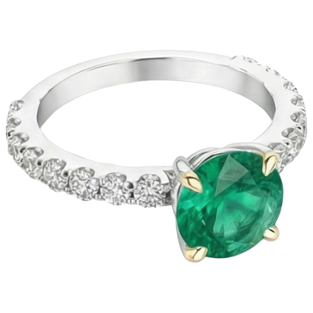 Natural Real ( Not Lab Grown ) Round Green Emerald GIA Ring With Accents