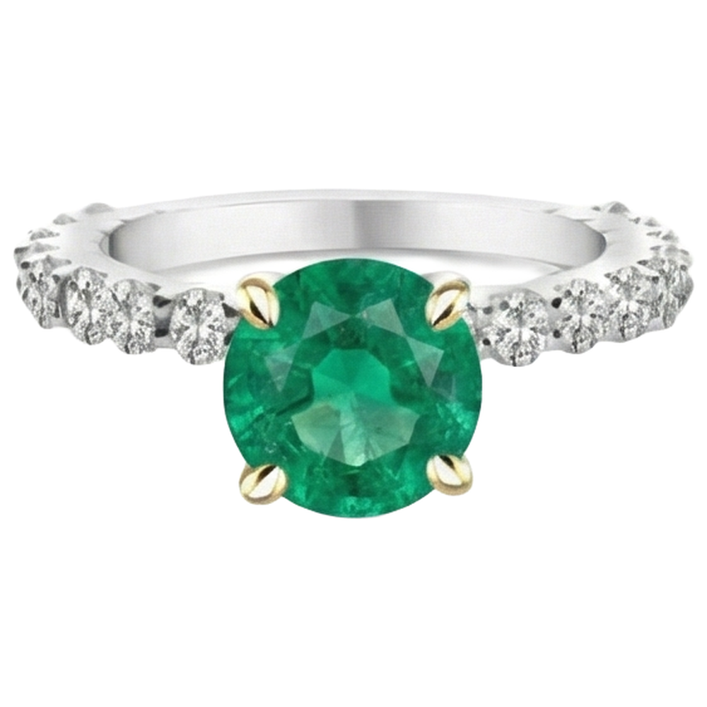 Natural Real ( Not Lab Grown ) Round Green Emerald GIA Ring With Accents