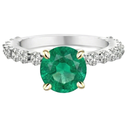Natural Real ( Not Lab Grown ) Round Green Emerald GIA Ring With Accents