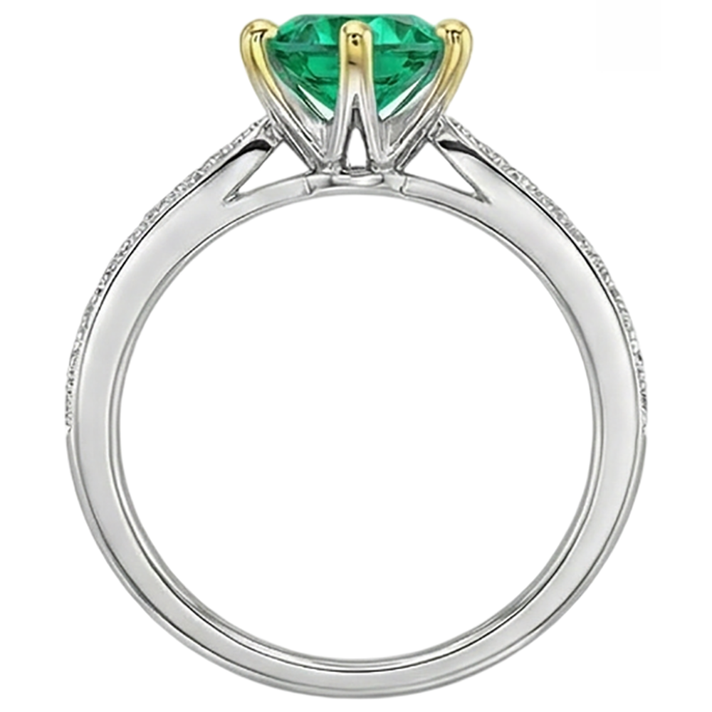Natural Real ( Not Lab Grown ) Round Green Emerald GIA Ring With Accents Tapered Shank Prong Set
