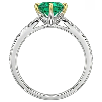 Natural Real ( Not Lab Grown ) Round Green Emerald GIA Ring With Accents Tapered Shank Prong Set