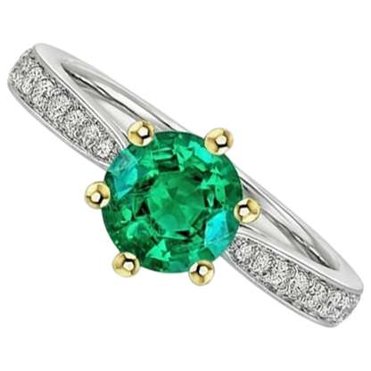 Natural Real ( Not Lab Grown ) Round Green Emerald GIA Ring With Accents Tapered Shank Prong Set