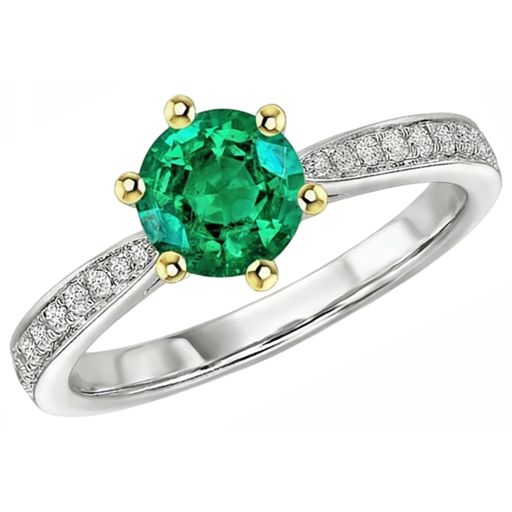 Natural Real ( Not Lab Grown ) Round Green Emerald GIA Ring With Accents Tapered Shank Prong Set