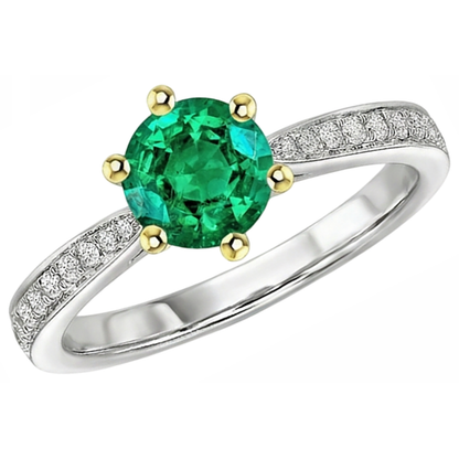 Natural Real ( Not Lab Grown ) Round Green Emerald GIA Ring With Accents Tapered Shank Prong Set