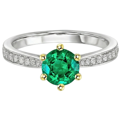 Natural Real ( Not Lab Grown ) Round Green Emerald GIA Ring With Accents Tapered Shank Prong Set
