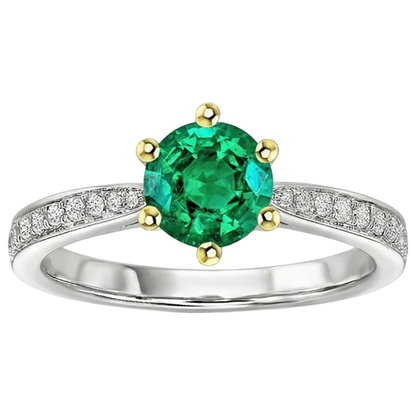 Natural Real ( Not Lab Grown ) Round Green Emerald GIA Ring With Accents Tapered Shank Prong Set