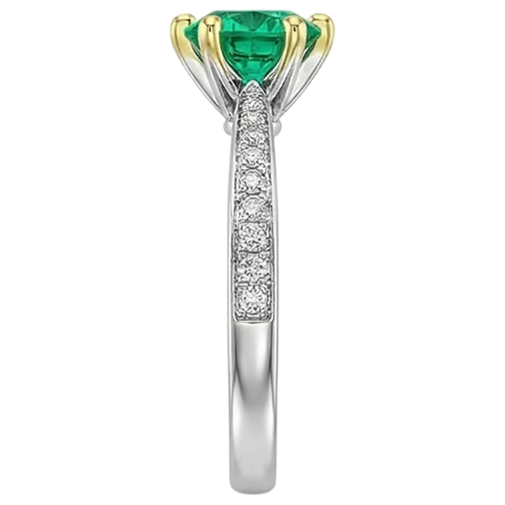 Natural Real ( Not Lab Grown ) Round Green Emerald GIA Ring With Accents Tapered Shank Prong Set