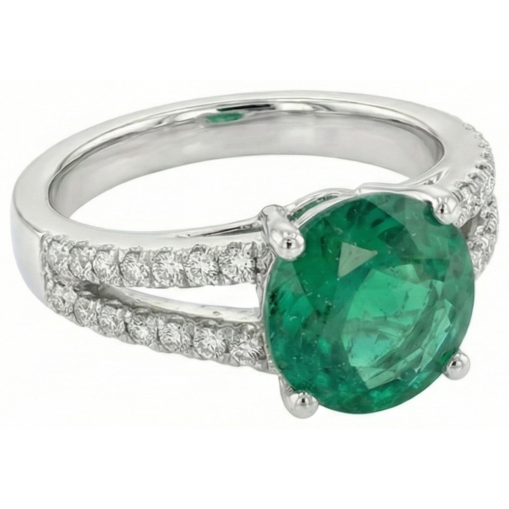 Round Green Emerald GIA With Natural Earth Mined Diamonds 3.75 Carats Wedding Ring White Gold 14K