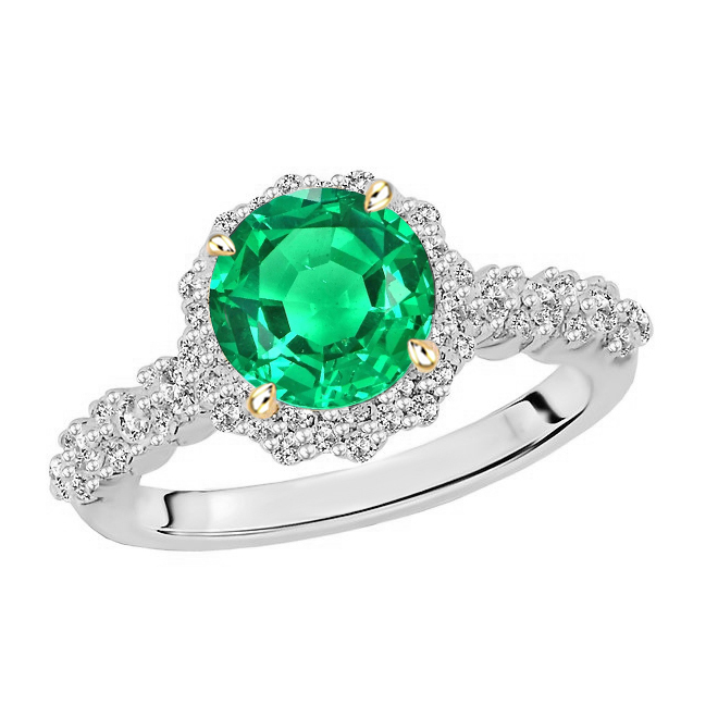 Round Green Emerald Gold Ring Halo Diamond Jewelry