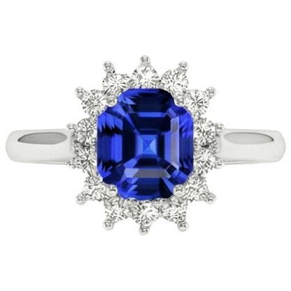 Round Halo IGI CERTIFIED Diamond Asscher Cut Blue Sapphire 6.50 Carats Ring Gold 14K