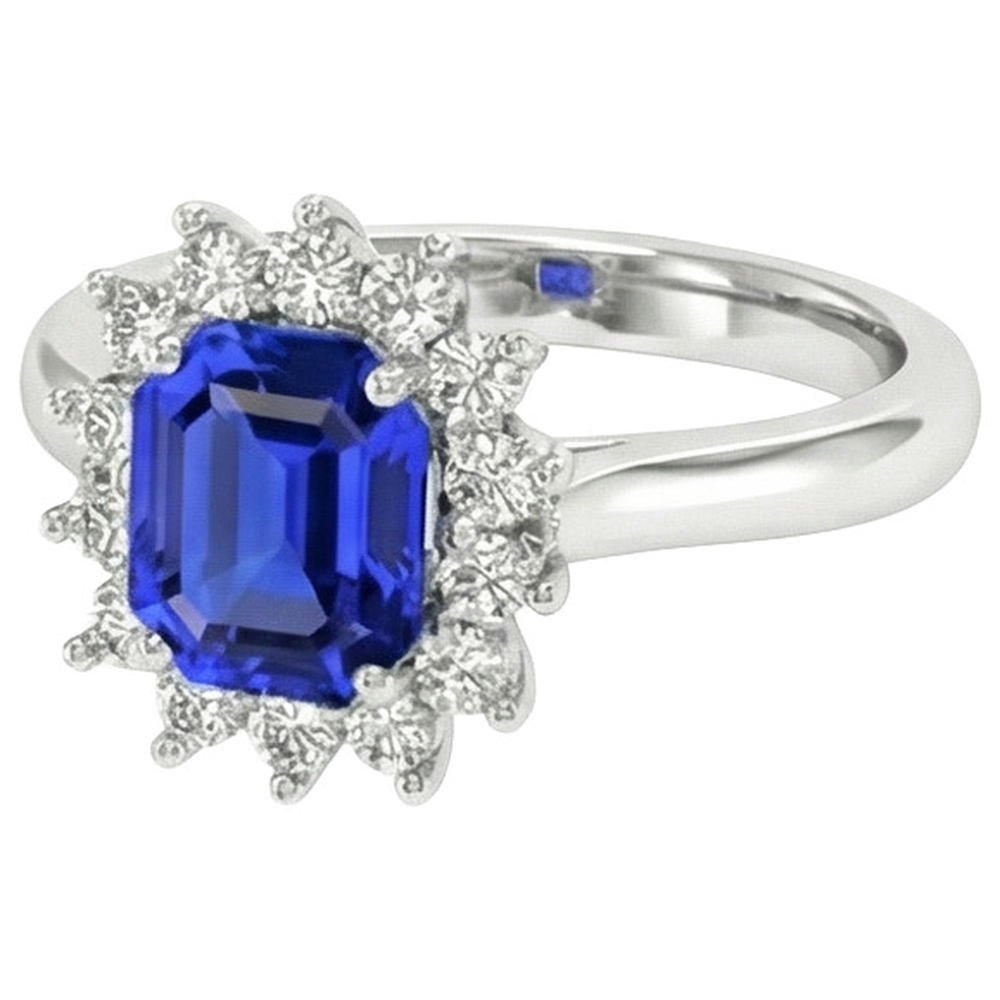 Round Halo IGI CERTIFIED Diamond Asscher Cut Blue Sapphire 6.50 Carats Ring Gold 14K
