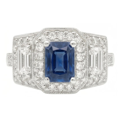 Round Halo Natural Earth Mined Diamond Emerald Ring Blue Sapphire Antique Style 3 Carats