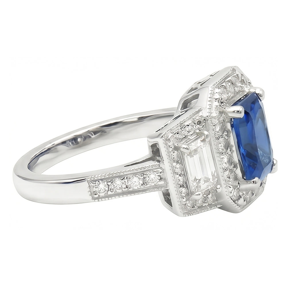 Round Halo Natural Earth Mined Diamond Emerald Ring Blue Sapphire Antique Style 3 Carats
