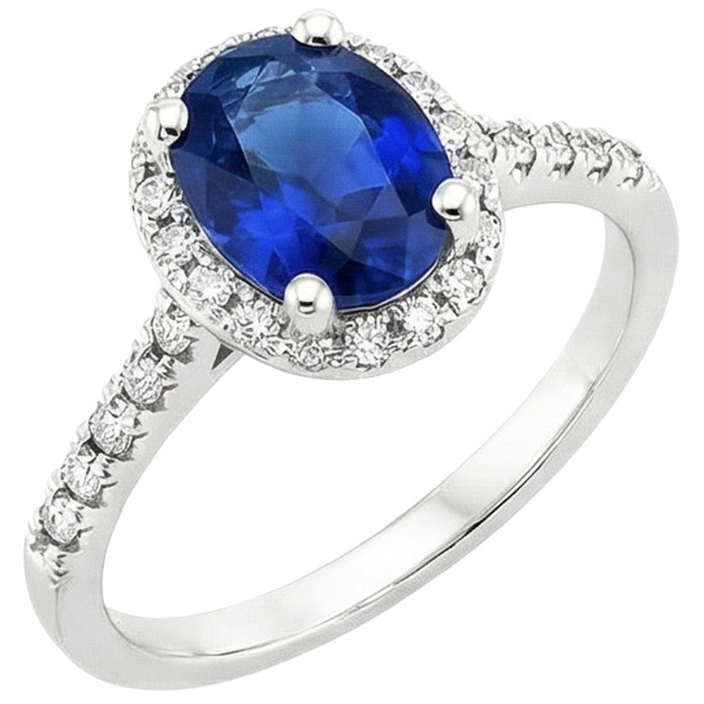 Round Halo Natural Earth Mined Diamond Engagement Ring Oval Ceylon Sapphire 6 Carats Gold