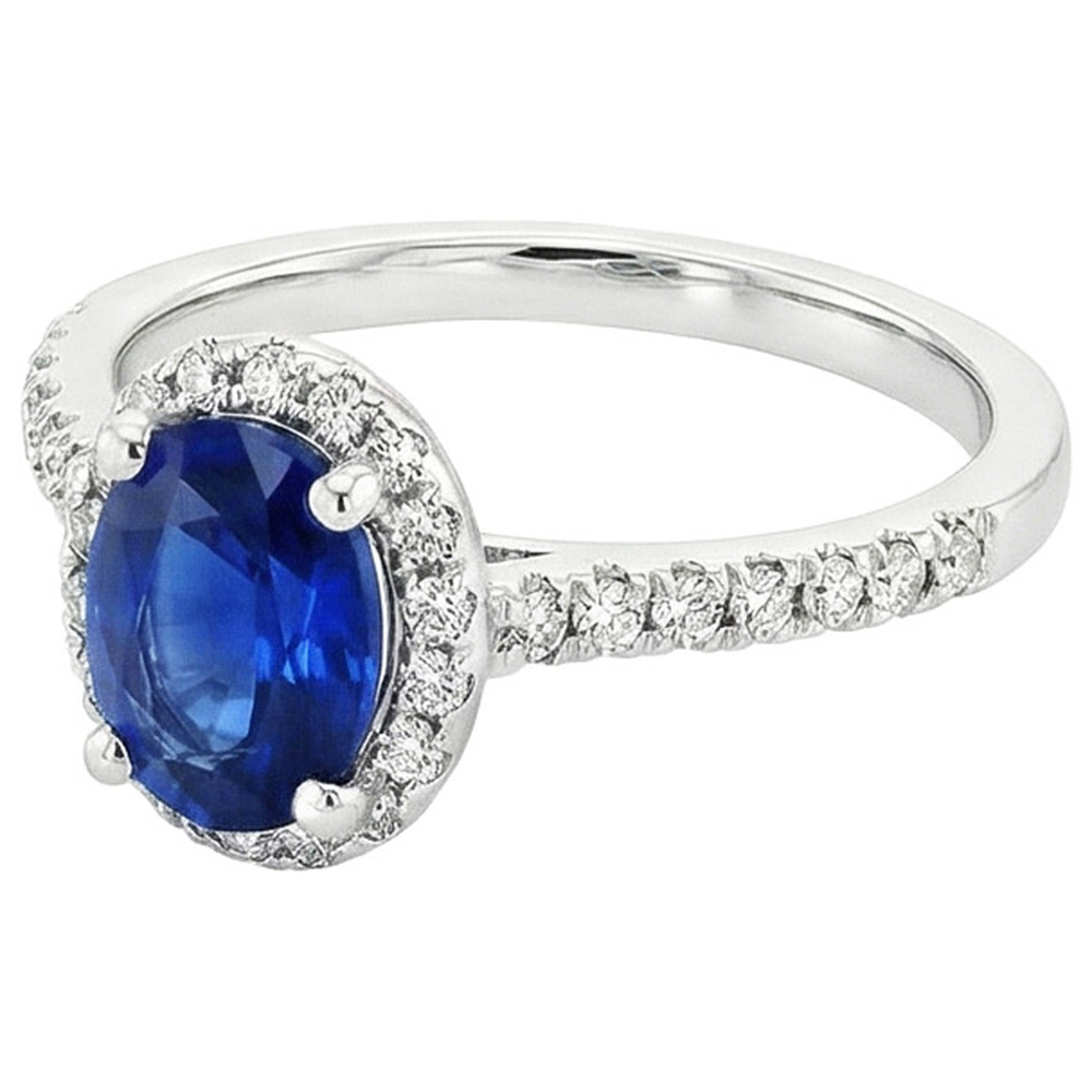 Round Halo Natural Earth Mined Diamond Engagement Ring Oval Ceylon Sapphire 6 Carats Gold