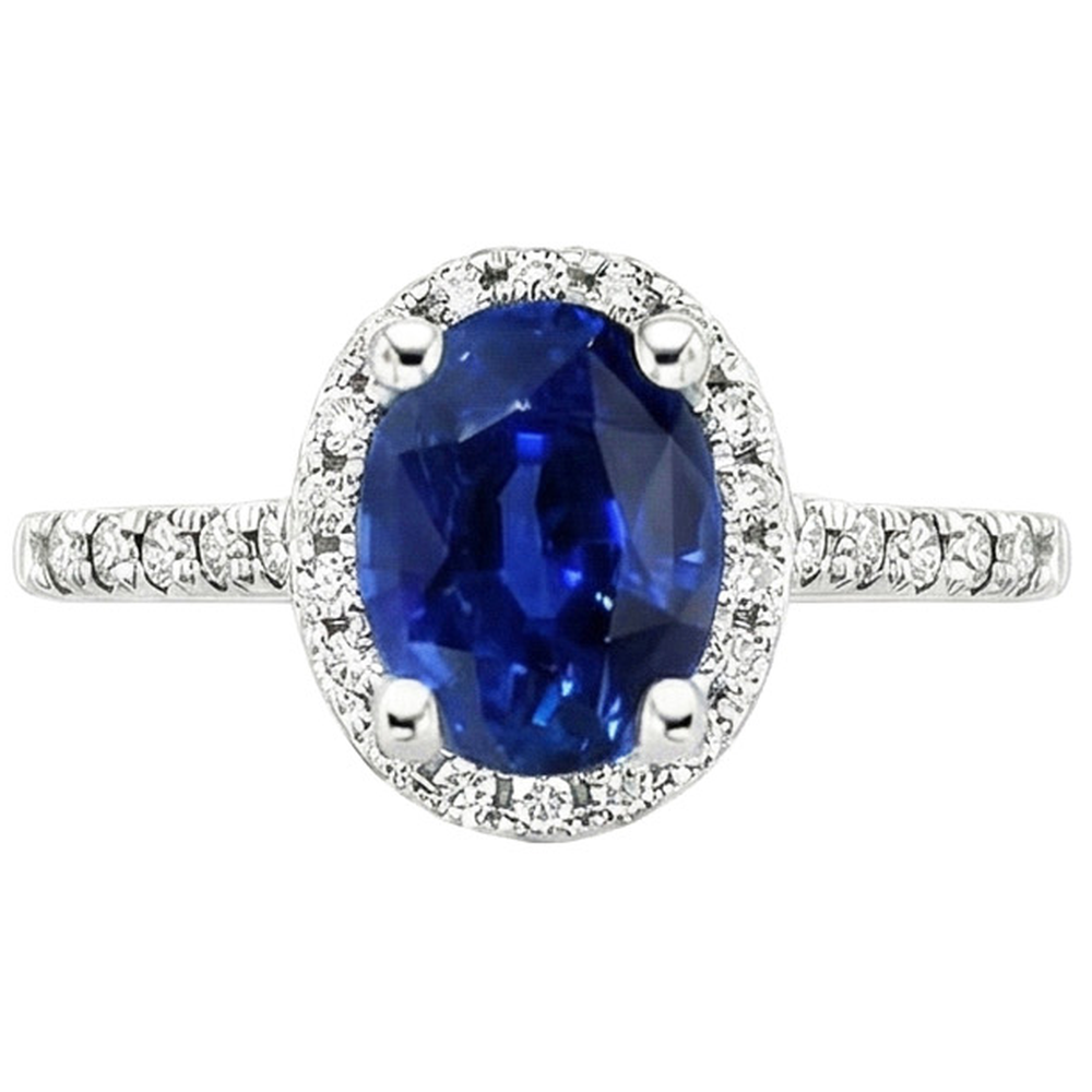 Round Halo Natural Earth Mined Diamond Engagement Ring Oval Ceylon Sapphire 6 Carats Gold