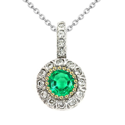 Round Halo Pendant Zambian Green Emerald Diamond Necklace