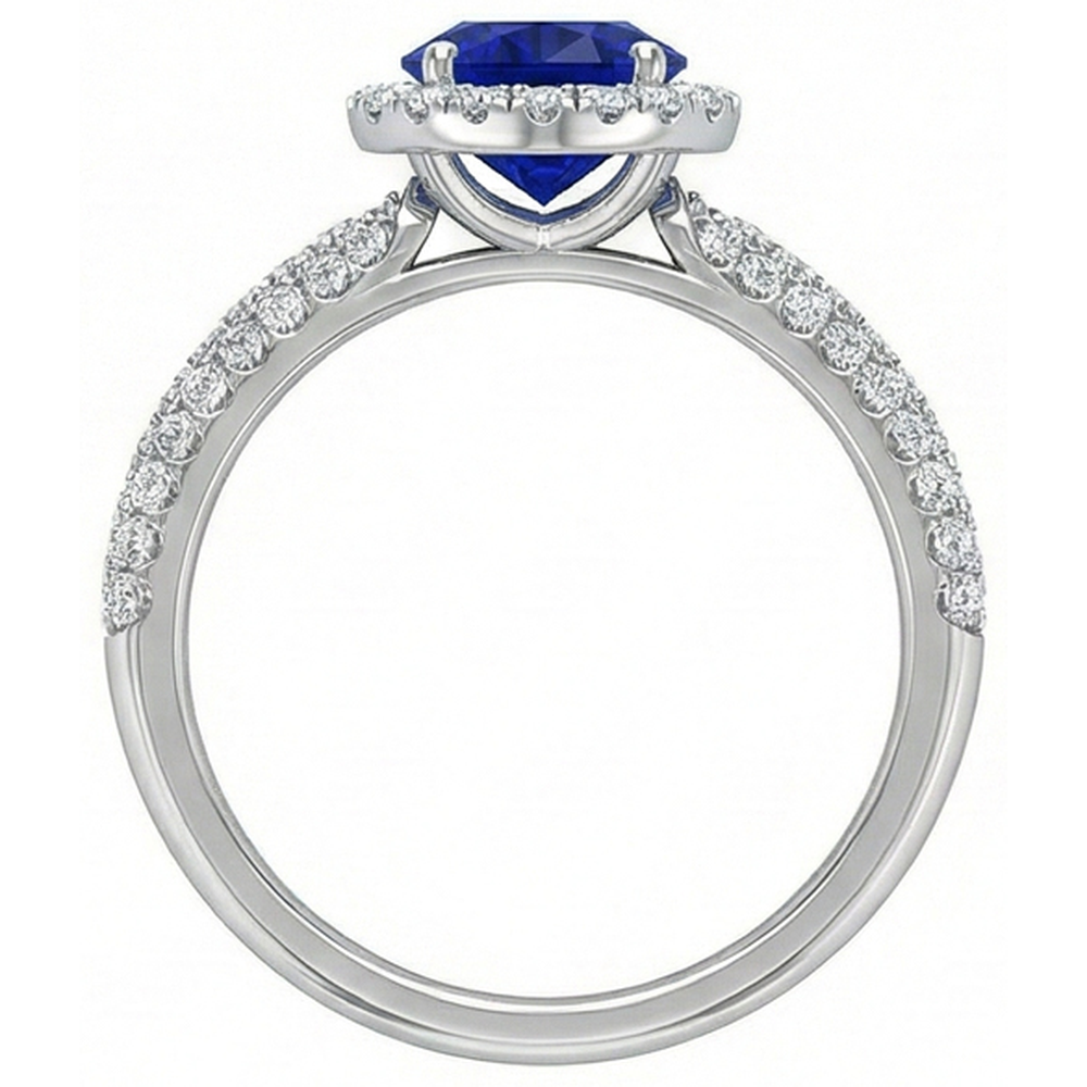 Round Halo Ring Ceylon Sapphire 3 Carats Multi Row Pave Set Natural Earth Mined Diamonds