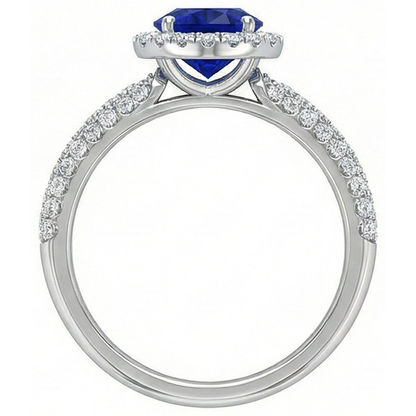 Round Halo Ring Ceylon Sapphire 3 Carats Multi Row Pave Set Natural Earth Mined Diamonds