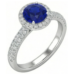 Round Halo Ring Ceylon Sapphire 3 Carats Multi Row Pave Set Natural Earth Mined Diamonds