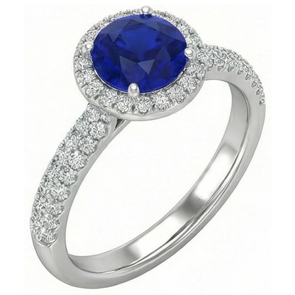 Round Halo Ring Ceylon Sapphire 3 Carats Multi Row Pave Set Natural Earth Mined Diamonds