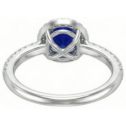 Round Halo Ring Ceylon Sapphire 3 Carats Multi Row Pave Set Natural Earth Mined Diamonds