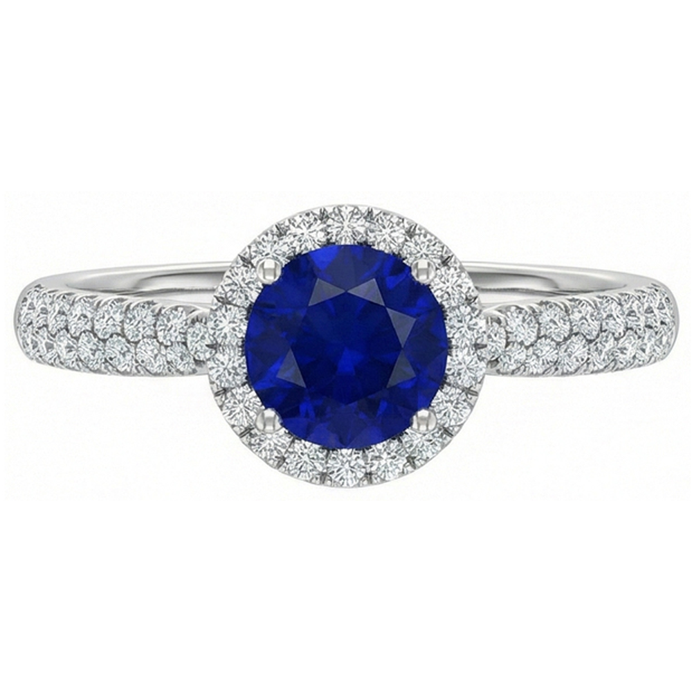Round Halo Ring Ceylon Sapphire 3 Carats Multi Row Pave Set Natural Earth Mined Diamonds