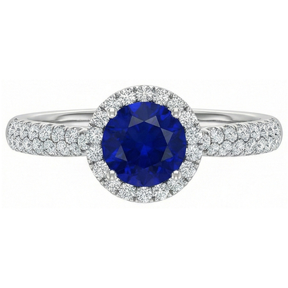 Round Halo Ring Ceylon Sapphire 3 Carats Multi Row Pave Set Natural Earth Mined Diamonds