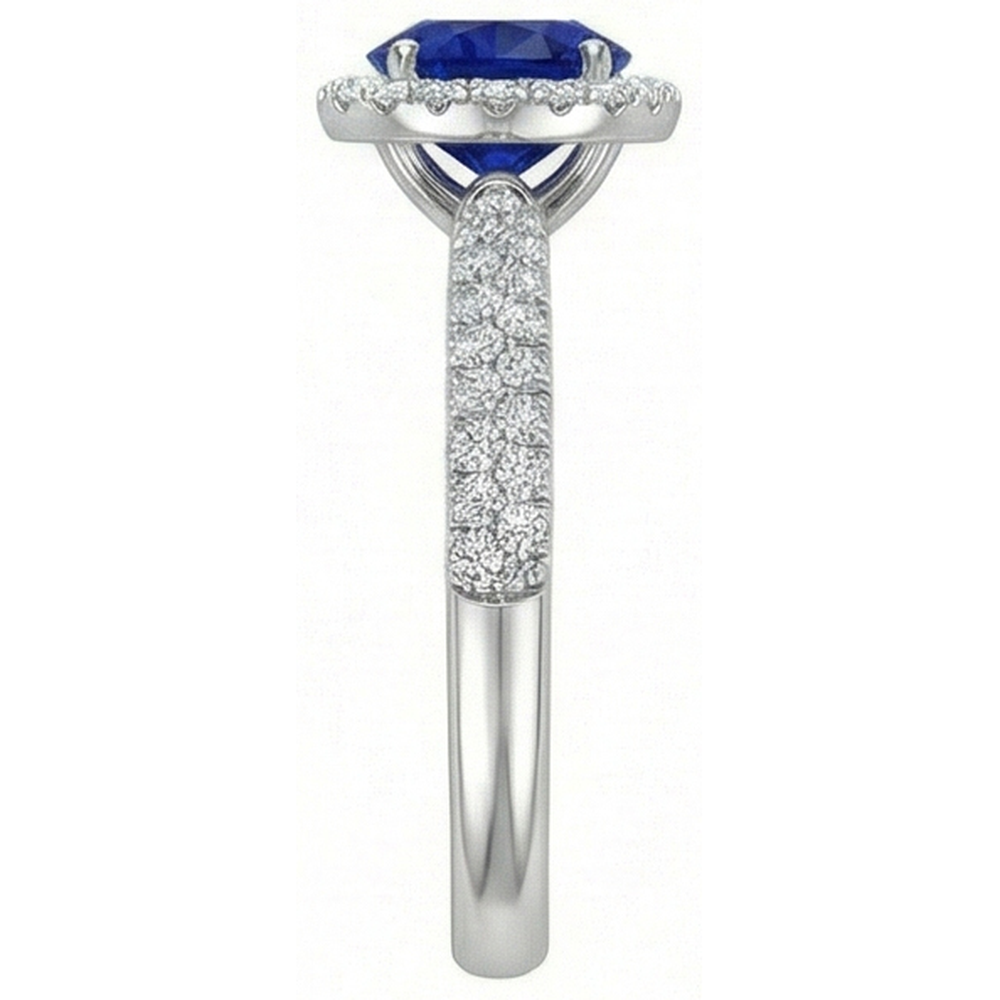 Round Halo Ring Ceylon Sapphire 3 Carats Multi Row Pave Set Natural Earth Mined Diamonds