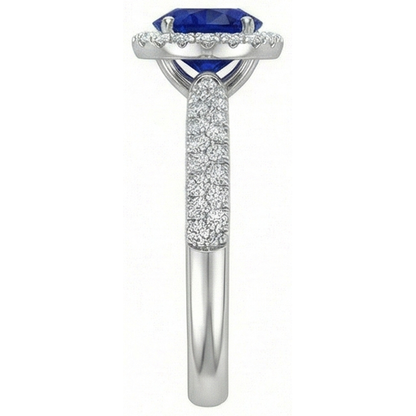 Round Halo Ring Ceylon Sapphire 3 Carats Multi Row Pave Set Natural Earth Mined Diamonds
