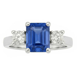 Round Natural Earth Mined Diamond 3 Stone Radiant Ceylon Sapphire Ring 2.50 Carats