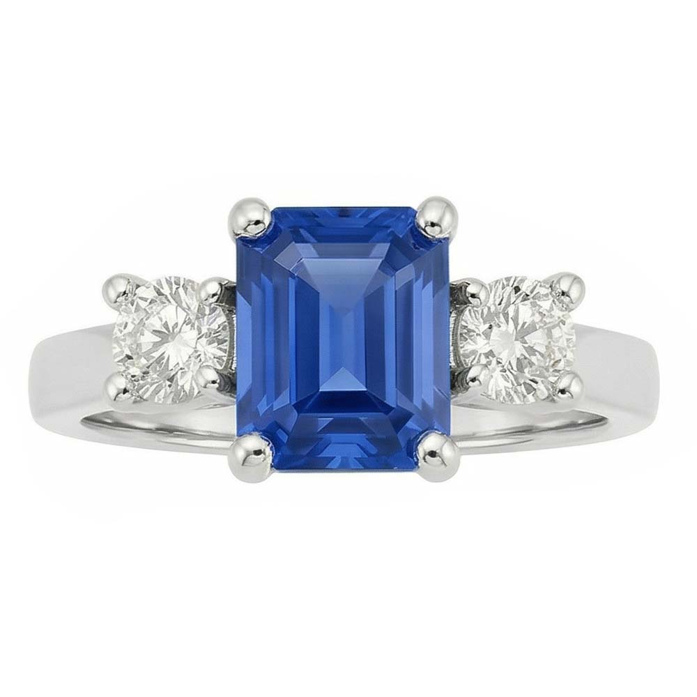 Round Natural Earth Mined Diamond 3 Stone Radiant Ceylon Sapphire Ring 2.50 Carats