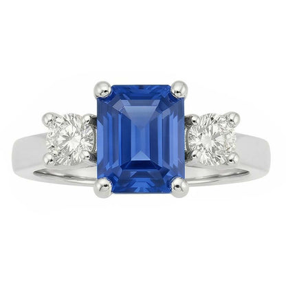 Round Natural Earth Mined Diamond 3 Stone Radiant Ceylon Sapphire Ring 2.50 Carats