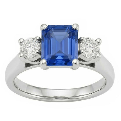 Round Natural Earth Mined Diamond 3 Stone Radiant Ceylon Sapphire Ring 2.50 Carats