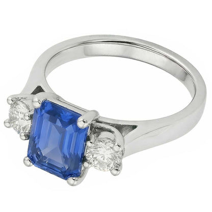 Round Natural Earth Mined Diamond 3 Stone Radiant Ceylon Sapphire Ring 2.50 Carats