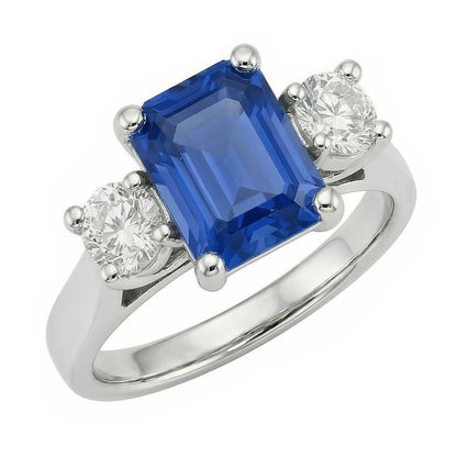 Round Natural Earth Mined Diamond 3 Stone Radiant Ceylon Sapphire Ring 2.50 Carats