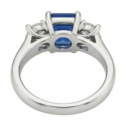 Round Natural Earth Mined Diamond 3 Stone Radiant Ceylon Sapphire Ring 2.50 Carats