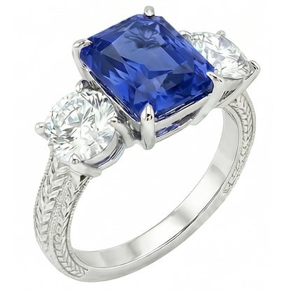 Round Natural Earth Mined Diamond 3 Stone Ring Ceylon Sapphire 3.50 Carats Milgrain Gold